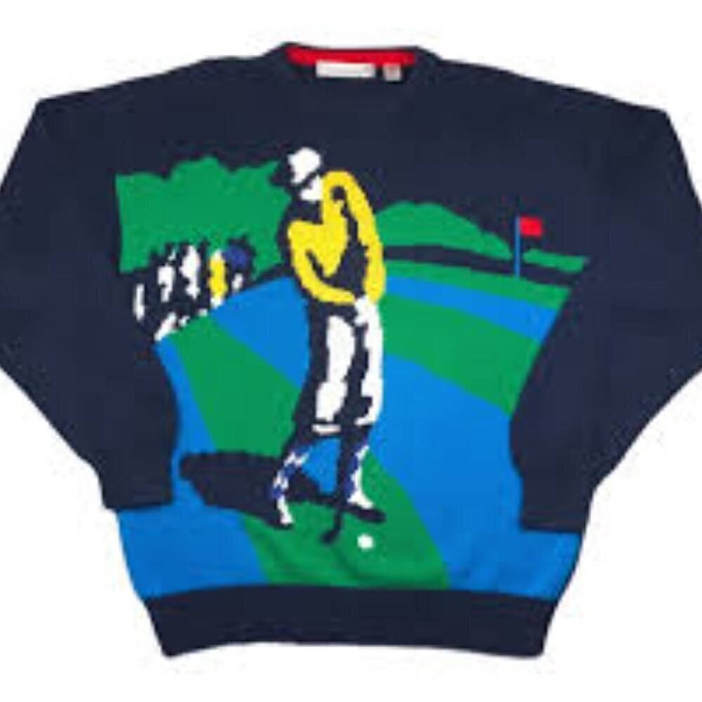 Vintage 80s John Ashford Golf Big Image Golfing Knit Sweater Men's size L Blue